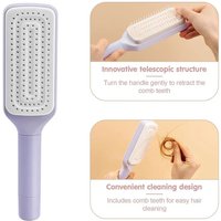 Lavender automatic rotating lifting comb with retractable white bristles and ergonomic handle.