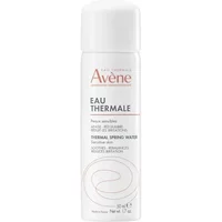 White Avène Thermal Spring Water spray can, 50ml, with orange logo and text, featuring a swirl design.