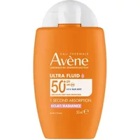Orange Avène Ultra Fluid Radiance SPF50+ bottle, 50ml, with white cap and bold white text.