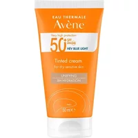 Orange tube of Avène Very High Protection Tinted Sun Cream SPF 50+ with white cap and text.