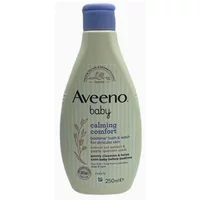 Aveeno Baby Calming Comfort Bedtime Bath & Wash 250ml, pale lavender bottle with blue cap and lavender graphics.