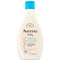 Aveeno Baby Daily Care Hair & Body Wash 250ml in a white bottle with a blue cap and beige label.
