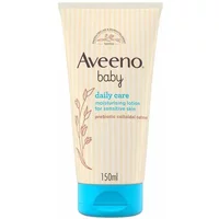 Aveeno Baby Daily Care Moisturising Lotion 150ml in beige tube with blue cap and delicate plant design.