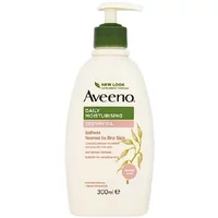 Aveeno Daily Moisturising Creamy Oil 300ml in a white pump bottle with green cap and beige label detailing.