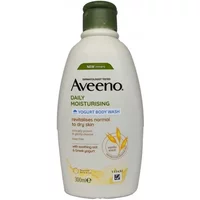 Aveeno Daily Moisturising Body Wash, white bottle, green cap, 300ml, vanilla & oat yogurt formula, soothing for dry skin.