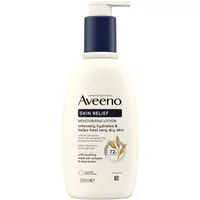 Aveeno Skin Relief Nourishing Lotion with Shea Butter, 300ml white bottle, navy pump, and blue label detailing.