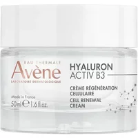 Avène Hyaluron Activ B3 cream in a clear jar with white lid, 50ml, labeled for cell regeneration.