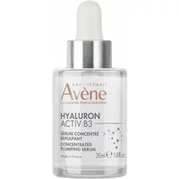 Avène Hyaluron Activ B3 serum in clear bottle with silver dropper cap, 30ml label, white and orange text.