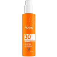 Orange Avène Sun Invisible Spray SPF30 bottle, 200ml, with white cap and label detailing.