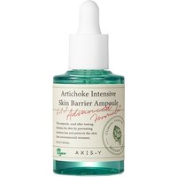 Green glass bottle with dropper, labeled "Artichoke Intensive Skin Barrier Ampoule" by Axis Y, 30 ml face serum.