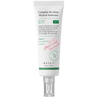 White tube of Axis Y Complete No-Stress Physical Sunscreen with green and pink text, 50 ml, high protection face cream.