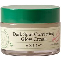 Green-lidded jar of Axis Y Dark Spot Correcting Glow Cream, 50 ml, with beige label and vegan logo.