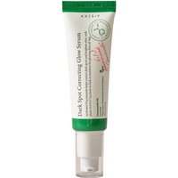 White tube of Axis Y Dark Spot Correcting Glow Serum with green cap and text, 50 ml size.