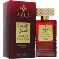 Azha Amber Malaky For Him Eau de Parfum, 100ml, in a red rectangular bottle with a textured gold cap and matching box.