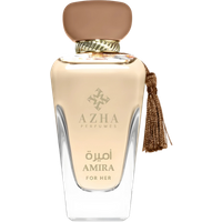 Azha Amira Women Eau de Parfum 100ml with beige cap, gold accents, and brown tassel on clear glass bottle.