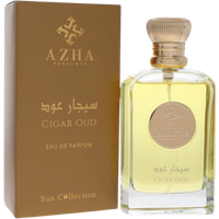 Azha Cigar Oud Eau de Parfum, 100ml clear glass bottle with gold cap, brown box with gold lettering.