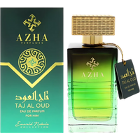 Azha Men’s Taj Al Oud Eau de Parfum, 100ml bottle, green gradient glass with gold cap and tag, ornate box design.