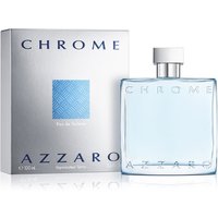 Azzaro Chrome Eau de Toilette 100ml, clear square bottle with silver cap, light blue liquid, silver box with blue accents.