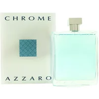 Clear glass bottle of Azzaro Chrome Eau De Toilette 200ml with silver cap and white box featuring blue pattern.