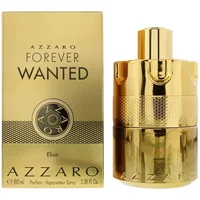 Gold Azzaro Forever Wanted Elixir Parfum 100ml bottle with matching gold box, featuring sleek, cylindrical design.