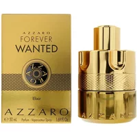 Gold Azzaro Forever Wanted Elixir Parfum 50ml bottle with textured band and matching gold packaging.
