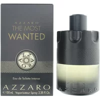 Azzaro The Most Wanted Intense Eau De Toilette 100ml, black cylindrical bottle with metallic accents and box.