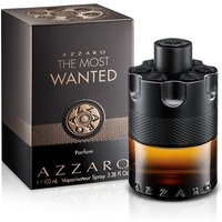 Black and amber Azzaro The Most Wanted Parfum bottle with textured grip and matching box.