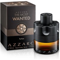 Azzaro The Most Wanted Parfum 50ml, black cylindrical bottle with amber base, next to matching black and gold box.