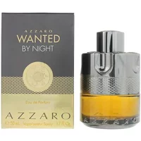 Azzaro Wanted By Night Eau De Parfum 50ml, sleek silver cap, textured metallic band, amber glass bottle, black box.