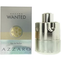 Azzaro Wanted Eau De Parfum 50ml bottle, silver cap with textured design, next to matching branded box.