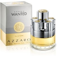Azzaro Wanted Eau de Toilette 50ml Refill, gold and silver bottle with textured grip, next to matching box.