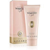 Azzaro Wanted Girl Shower Milk 200ml in a pink tube with gold accents, next to matching box.