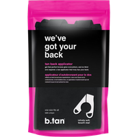 b.tan We've Got Your Back black tanning applicator in pink packaging with text and diagram on front.
