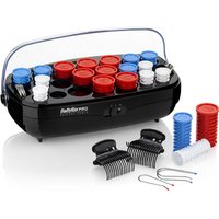 Black BaByliss Pro heated roller set with 20 ceramic rollers in red, blue, and white, includes clips and pins.