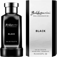 Baldessarini Black Eau De Toilette 75ml, sleek black bottle with silver cap, next to matching black and white box.