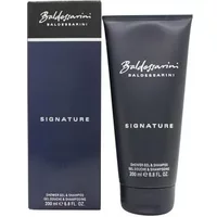 Baldessarini Signature Shower Gel 200ml, sleek black tube with silver text, next to matching black box.