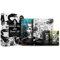BARBER PRO Skin Revival Kit with illustrated packaging, includes three mask sachets featuring stylized barber graphics.
