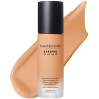 bareMinerals Barepro foundation bottle with black cap, warm beige liquid swipe, SPF 20, matte finish.