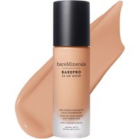 bareMinerals BAREPRO liquid foundation in a beige bottle with black cap, SPF20, 30ml, next to a swatch of the shade.