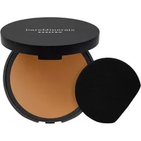bareMinerals BAREPRO powder foundation in Deep 50 Neutral, black compact with mirror and round sponge.