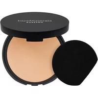 bareMinerals BAREPRO powder foundation in black compact with mirror, beige shade, includes black applicator sponge.