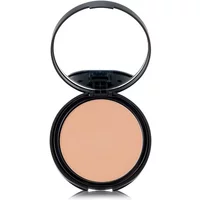 bareMinerals compact with mirror, containing light beige powder foundation in a round black case.