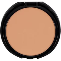 bareMinerals BAREPRO powder foundation in black compact, shade Medium Deep 40 Cool, with smooth tan surface.