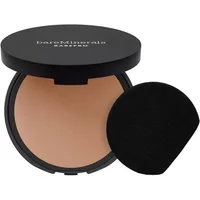 bareMinerals BAREPRO powder foundation in black compact with mirror, shade Medium Deep 45 Cool, includes black applicator.