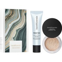 bareMinerals Prime & Set Duo with marbled box, blue primer tube, and translucent setting powder in black-lid jar.