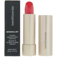 bareMinerals Mineralist Hydra-Smoothing Lipstick in Courage, vibrant red shade, sleek beige tube with brand logo.