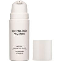 White bareMinerals Prime Time Pore-Minimising Primer bottle with pump dispenser and separate cap, 30ml size.