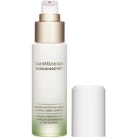 bareMinerals serum in a white and green gradient bottle with a gold pump and white cap.
