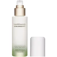 bareMinerals serum in a frosted bottle with gold pump and white cap, labeled "Skinlongevity Barrier Boosting Serum."