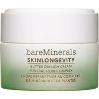 White jar of bareMinerals SKINLONGEVITY Butter Drench Cream with green gradient base and gold text.